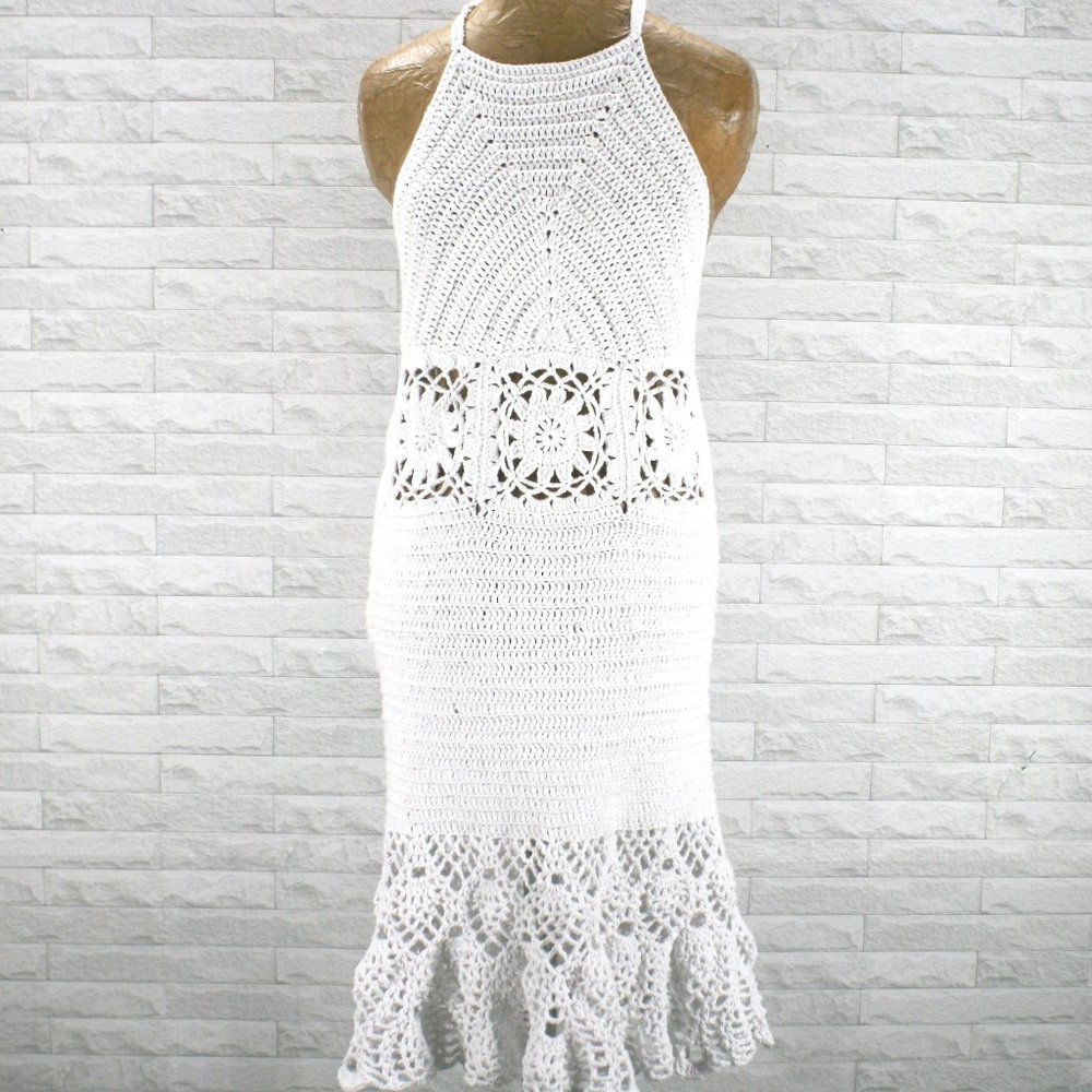 HAND CRAFTED Crochet Dress Halter White Cotton Wedding Coastal Cowgirl Bridal - Picture 1 of 16